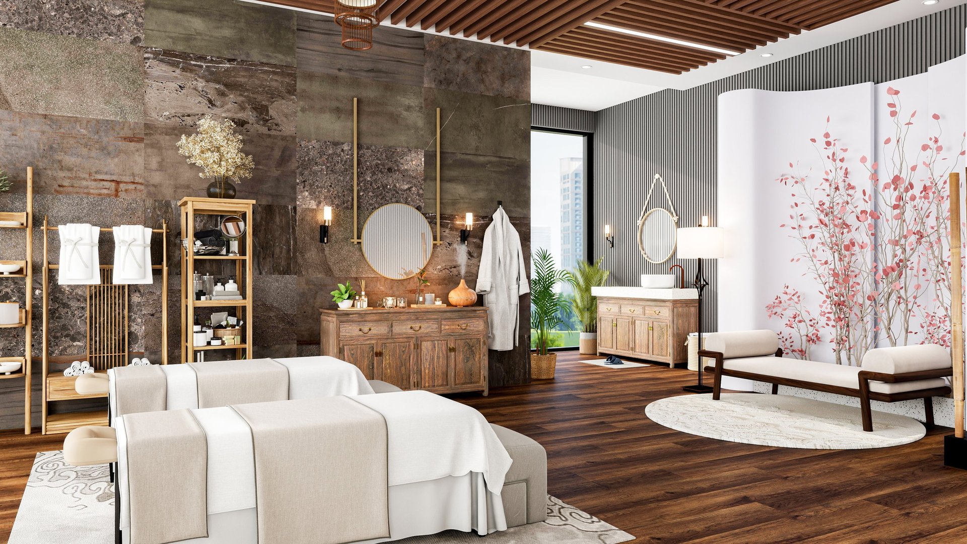 Luxury salon interior with elegant styling stations and warm lighting